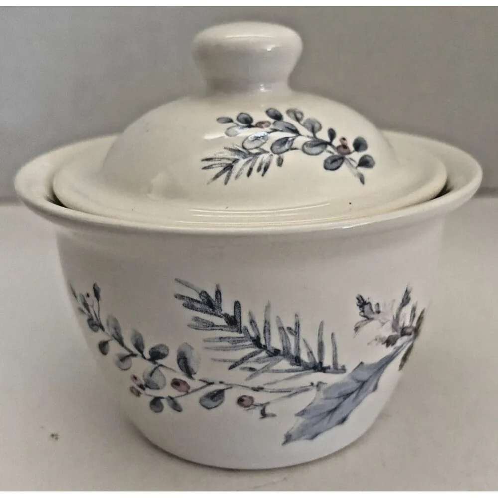 Pfaltzgraff Winter Frost Blue Pinecone Pink Berry Covered Sugar Bowl with Lid